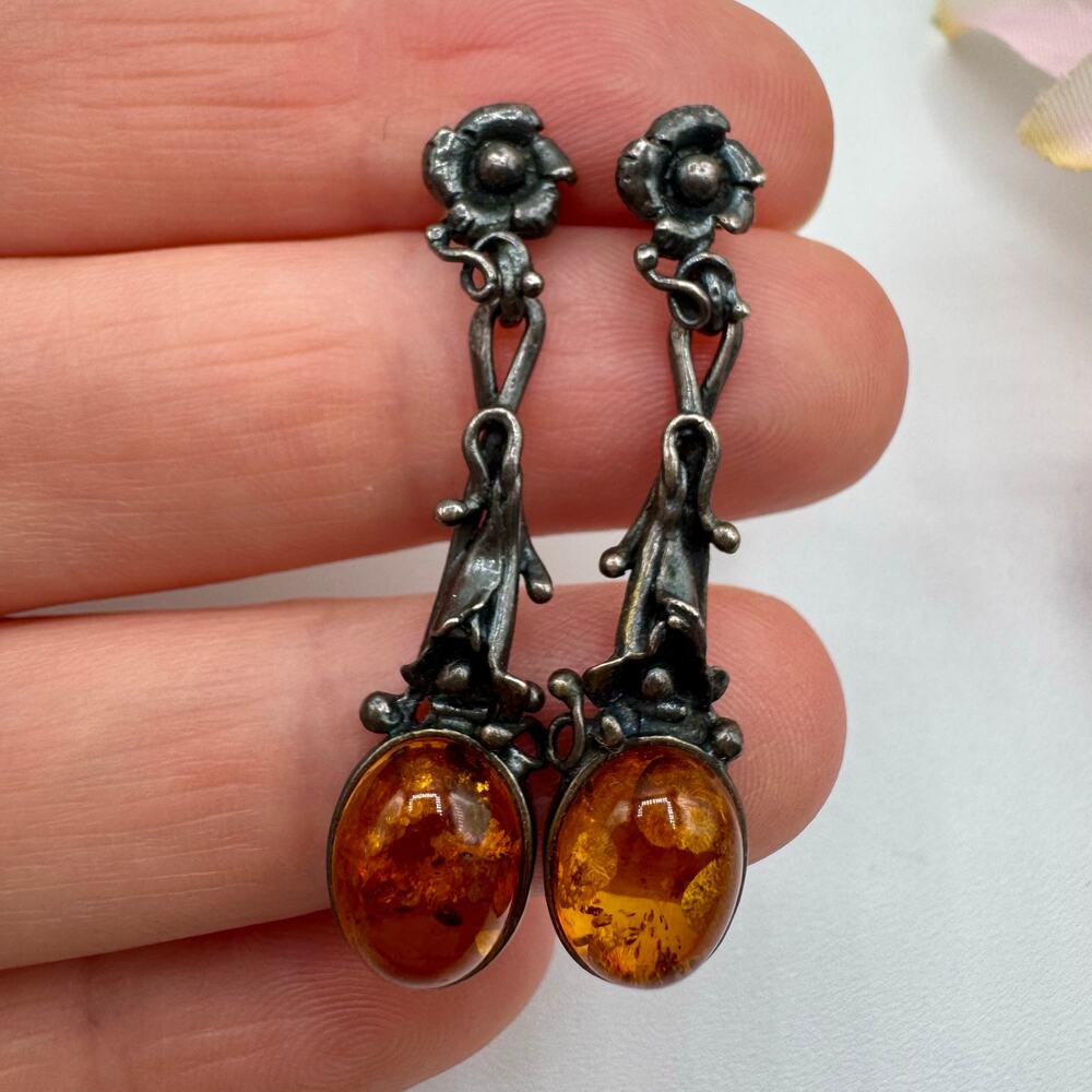 Amber Patina’d Silver Earrings Art Nouveau Style Floral Acid Tested Ornate 4.78g - Picture 9 of 13